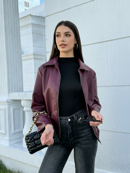 Pakistan Hub women vintage lapel long sleeve minimalist pu leather loose jacket coat,women's fashionable new distressed leather jacket, autumn,solid color zip up long sleeve vintage retro pu jacke